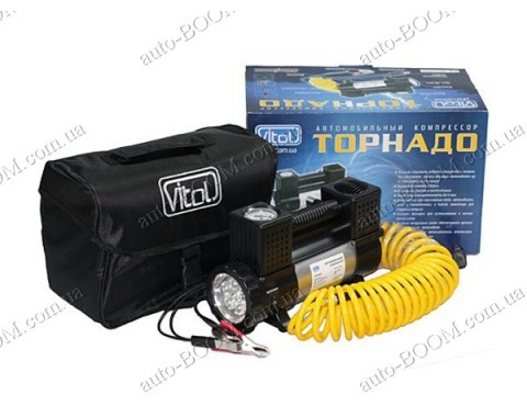Компрессор автомобильный Торнадо КА-Т12191 (Vitol) 150psi / 23Amp / 60л / клеммы / фонарь / шланг 7,5м / 2 цилиндра